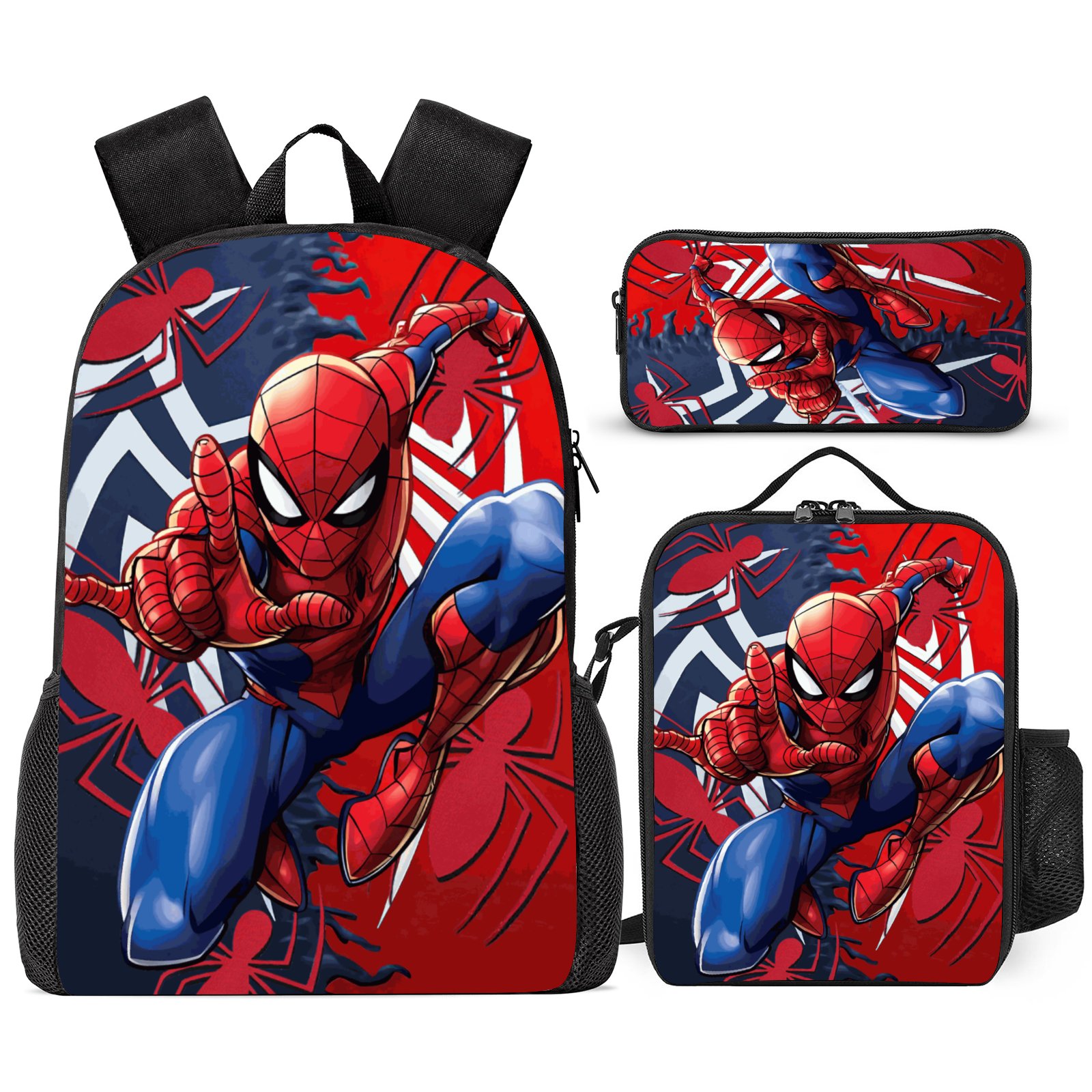 spiderman Comic Backpack Set Waterproof Lightweight Cartoon Causal Bag with Insulated Lunch Bag Tote and Pencil Case Travel Hiking