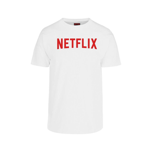 Playera Fan Army Netflix T G color blanco con logo rojo de Netflix en el pecho, tela cómoda y diseño de manga corta, ideal para ropa casual y para mostrar afición a Netflix, también adecuada para uso diario.