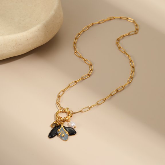 NICKSUN 18K Gold Plated Stainless Steel Vintage Tulip Pendant Necklace, Multi Charms Cross Key Heart Bead Thick Link Chain Clavicle Jewelry for Women