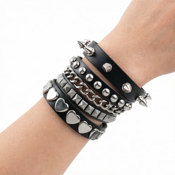 Punk Bracelet Leather Spike Adjustable for Men Women 3 Pcs