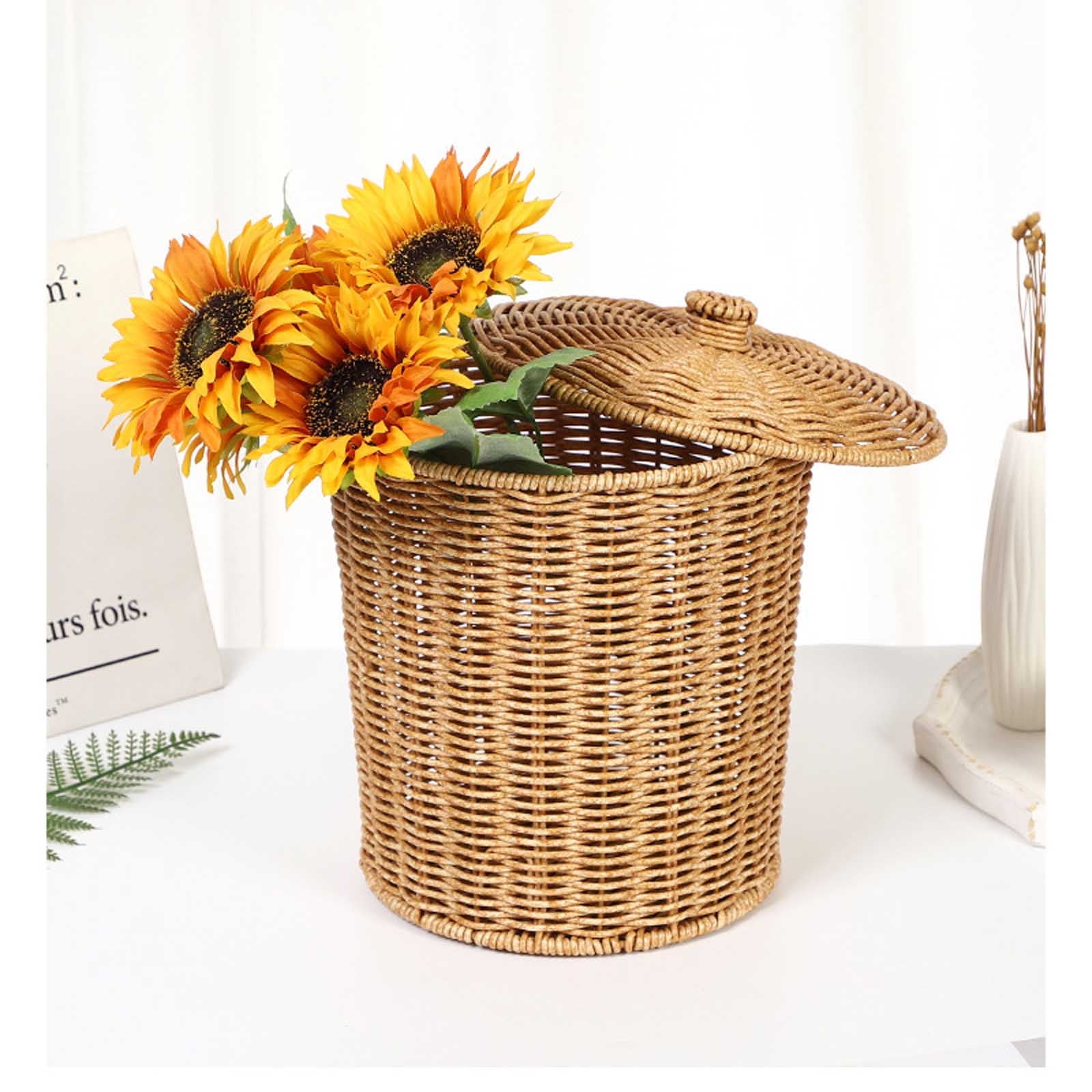 Blukids Wicker Trash Can Rattan Waste Basket with Lid Woven Laundry Basket Corner Hamper Clothes Hamper Laundry Bin Storage Basket(Yellow)