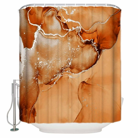 Burnt Orange Abstract Shower Curtain, 72" x 72", Silver Marble Ripples Luxury Fluid Art Waterproof Bathroom Curtain Washable Shower Curtain Set with 12 Hooks