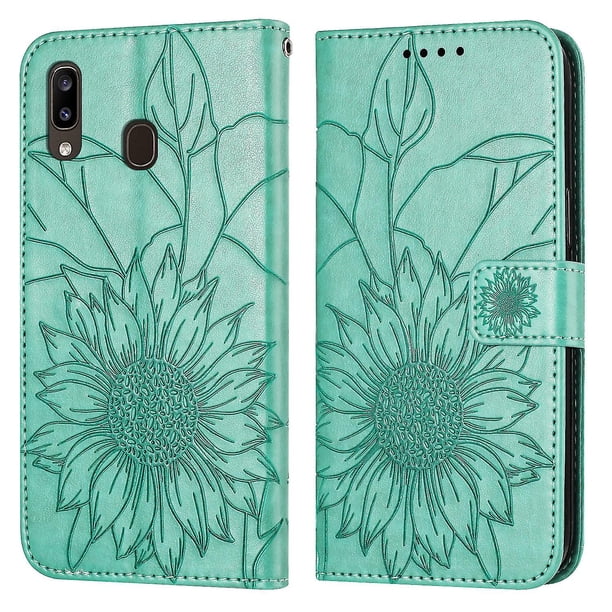 Funda tipo cartera con girasoles grabados para Samsung A40, elegante, multifuncional y con protección total.