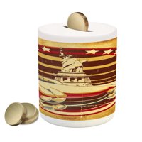 Vintage Car Piggy Bank, Vintage Car Image American of Liberty on Old Paper Print, Ceramic Coin Bank Money Box for Cash Saving, 3.6" X 3.2", Yellow Red Brown, by Ambesonne