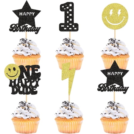 One Happy Dude Cupcake Toppers, 12PCS Glitter Lightning Bolt Picks for 1st Birthday, Boy's Party Decor