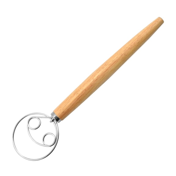 Danish Dough Whisk 12.2in for Sourdough Bread, Stainless Steel Hook with Oak Wooden Handle - Efficient Hand Whisk for Mixing Dough, Pizza, Pastry, Cake Batter and Baking