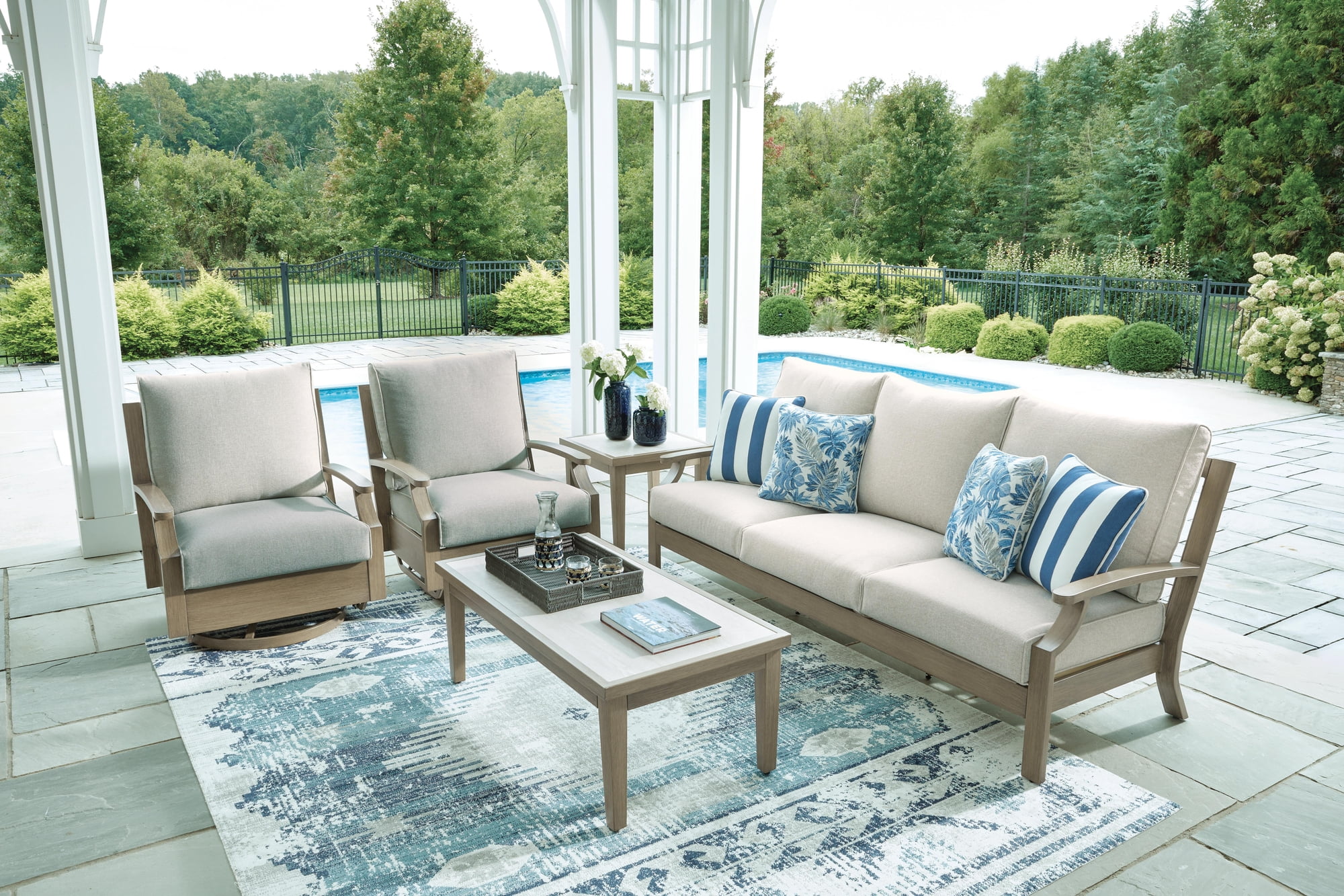 Signature Design by Ashley Rainier Ranch Outdoor Coffee Table - Weather-Resistant Aluminum with Sintered Stone Top, Brown/Beige
