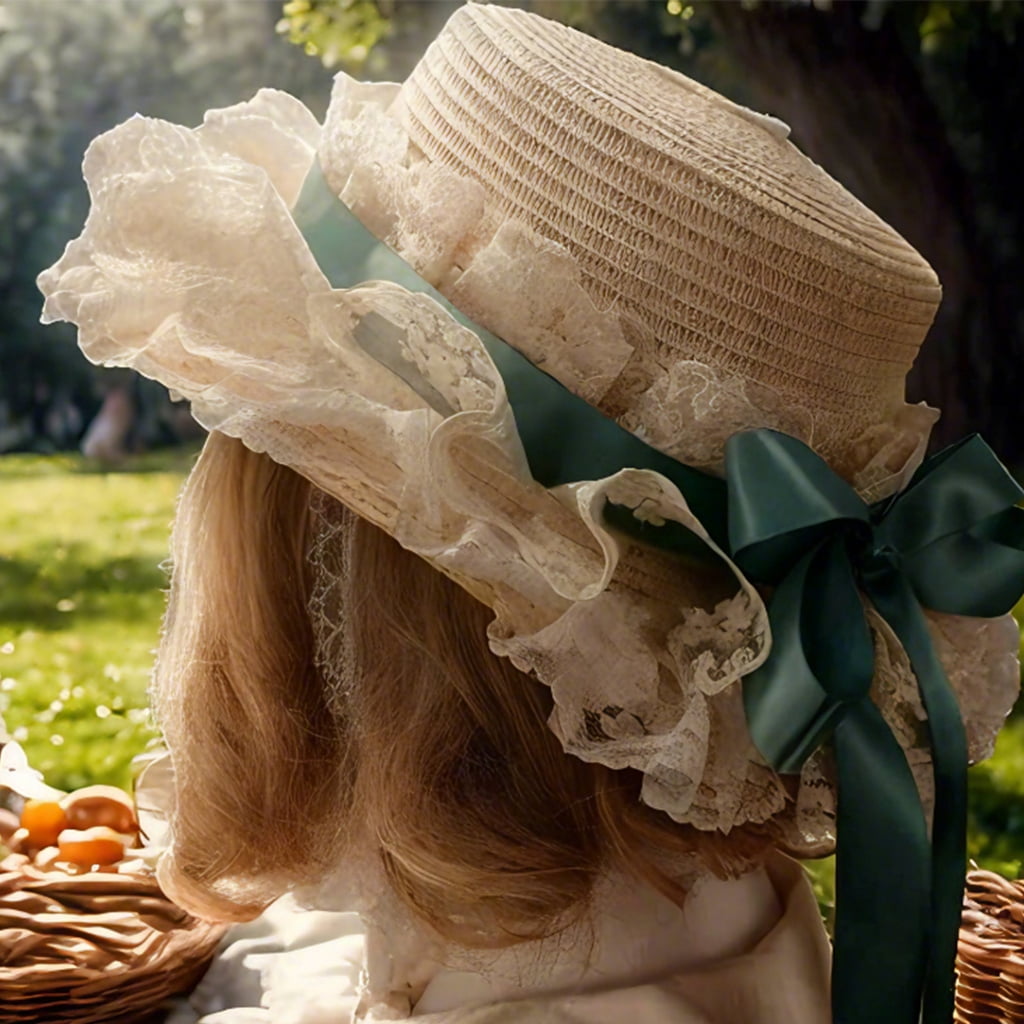 TIERPOP Breathable Straw Bonnet Hat Comfortable Victorian Theme Event Hat With Lace Trim and Bowknot For Cosplay Gatherings