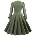 thumbnail image 5 of Herrnalise Women's Solid Color Long Sleeve V-Neck VintageHigh Waist Temperament Dress Dresses Long Sleeve V-Neck Dresses S-2XL, 5 of 8