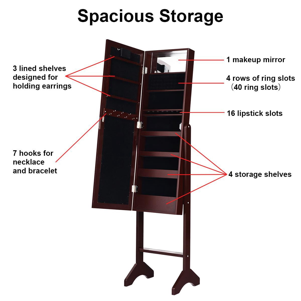Giantex Jewelry Cabinet Box Armoire Organizer with 18 LED, Standing for Home Bedroom 16 Lipstick Holder 1 Inside Makeup Mirror Full Lights, Large Storage Mirrored Cabinets Jewelry Armoires (Brown)