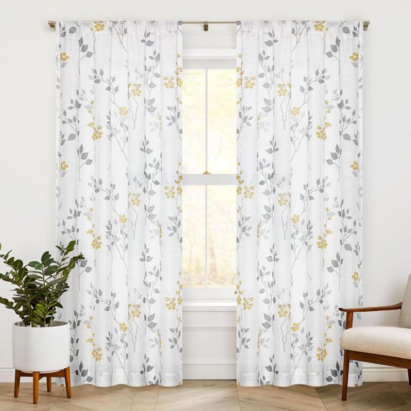Floral Linen Semi Sheer Curtains 84 Inches Long 2 Panels for Living Room Bedroom Yellow Grey Farmhouse Flower Patterned Light Filtering Textured Rod Pocket Window Treatments Drapes, 50x84