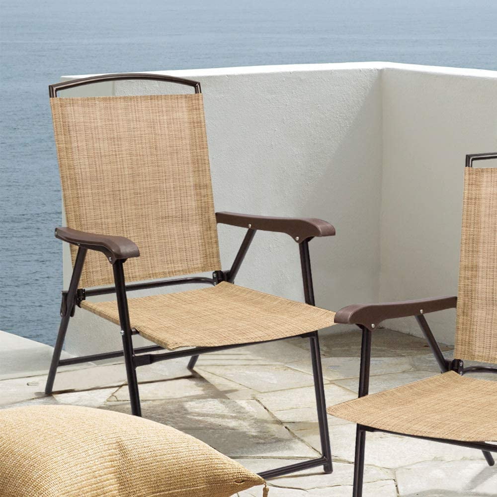 Lacoo Patio Folding Chair Deck Sling Back Chair Camping Garden Pool Beach Using Chairs Space Saving Set of 2, Beige