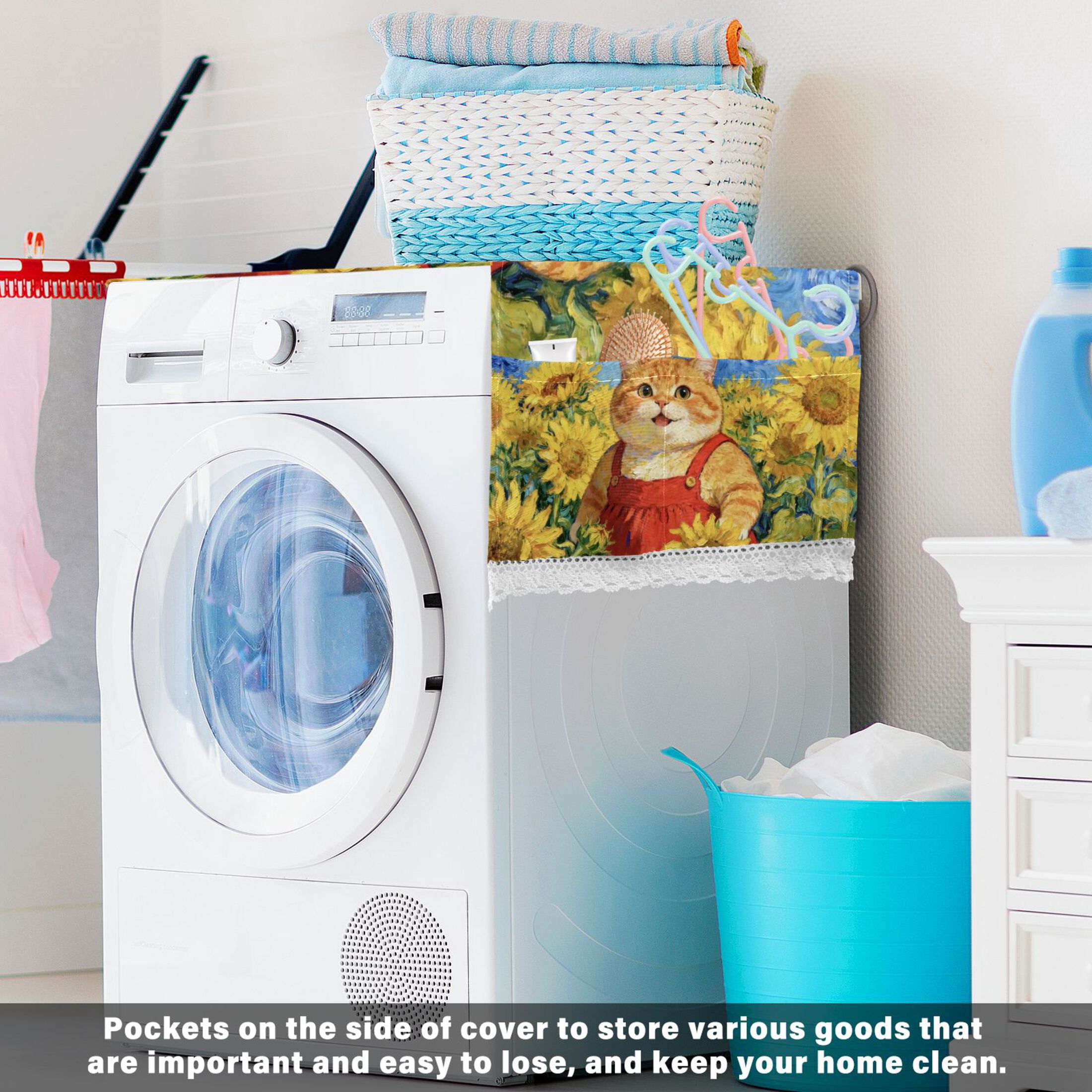 Wobogo Sunflower Smiling Cat Washing Machine Cover Dustproof Washer Dryer Cover Waterproof Laundry Room Decorative Protector