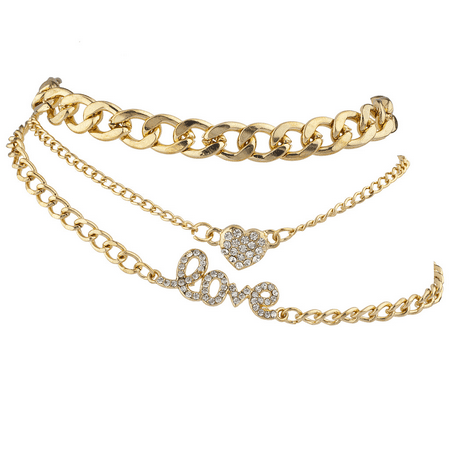 Lux Accessories Goldtone Love Heart Curb Chain Anklet Ankle Bracelet Set