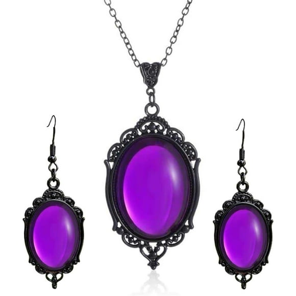 Gothic Stardust Jewelry Set for Women Vintage Cameo Earrings Necklace Set Purple Crystal Earrings Necklace Vampire Jewelry Sets Halloween Costume Accessories for Women