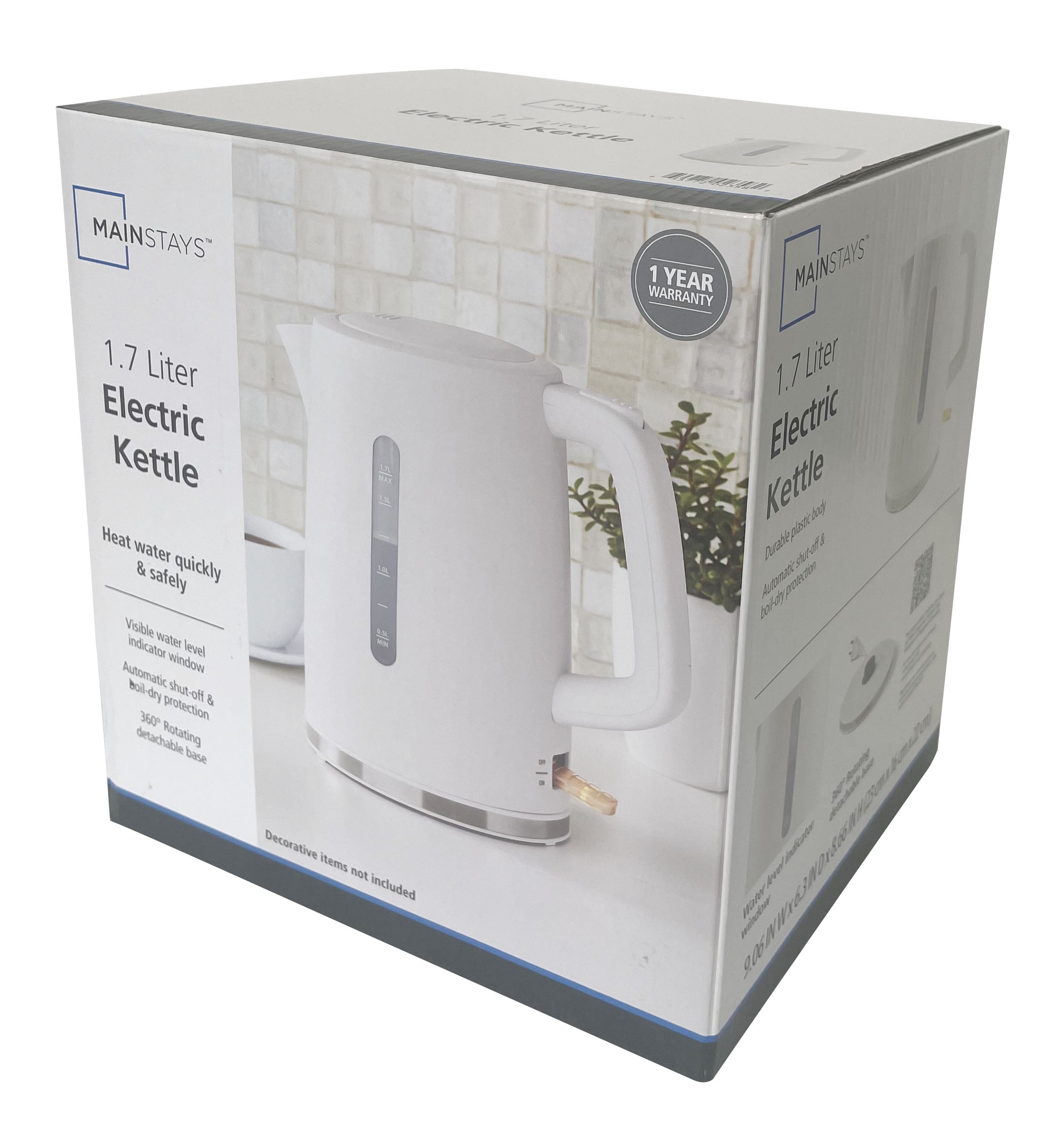 Mainstays 1.7L Electric Kettle with Auto Shut-Off, White