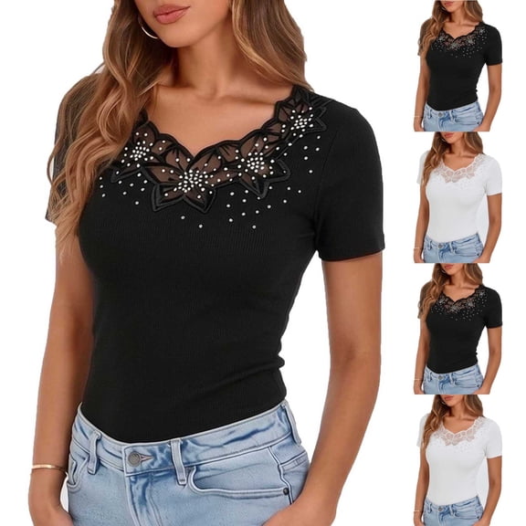 Fengqque Women's Summer Tees Short Sleeve Shirts Rhinestone Lace V Neck Tops Slim Fit T Shirts White XL(XL)