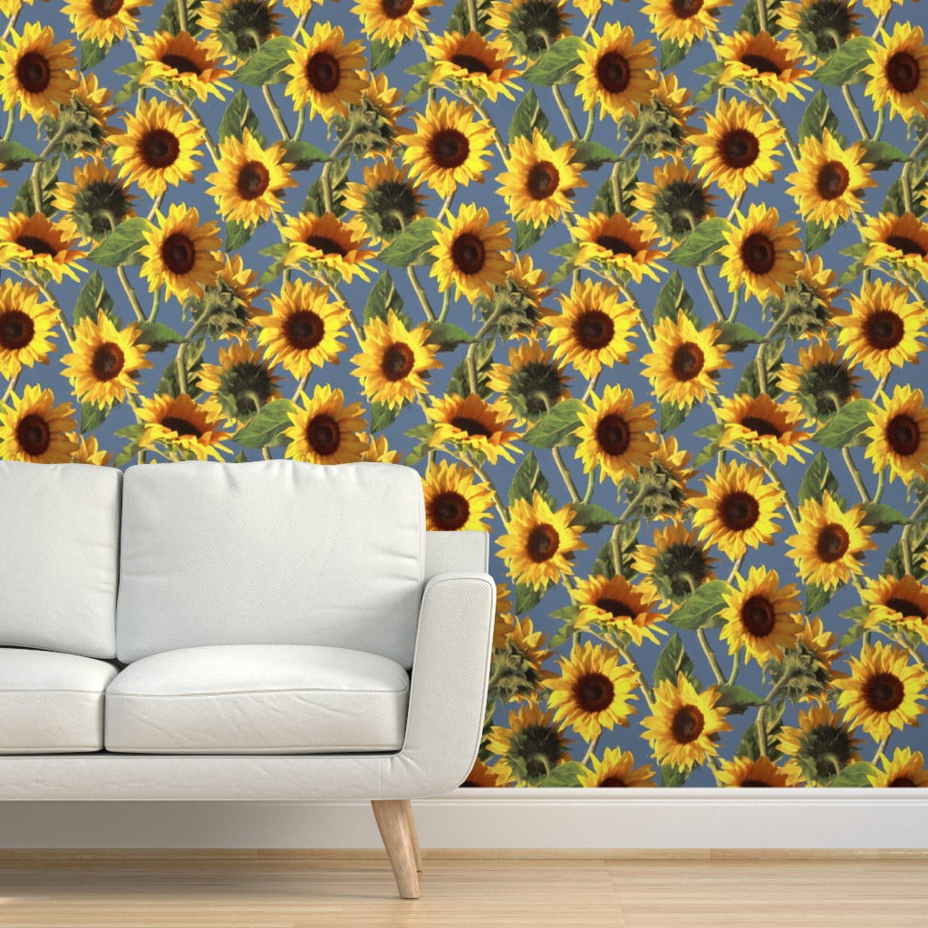 Peel-and-Stick Removable Wallpaper Sunflower Blue Yellow Retro Painting