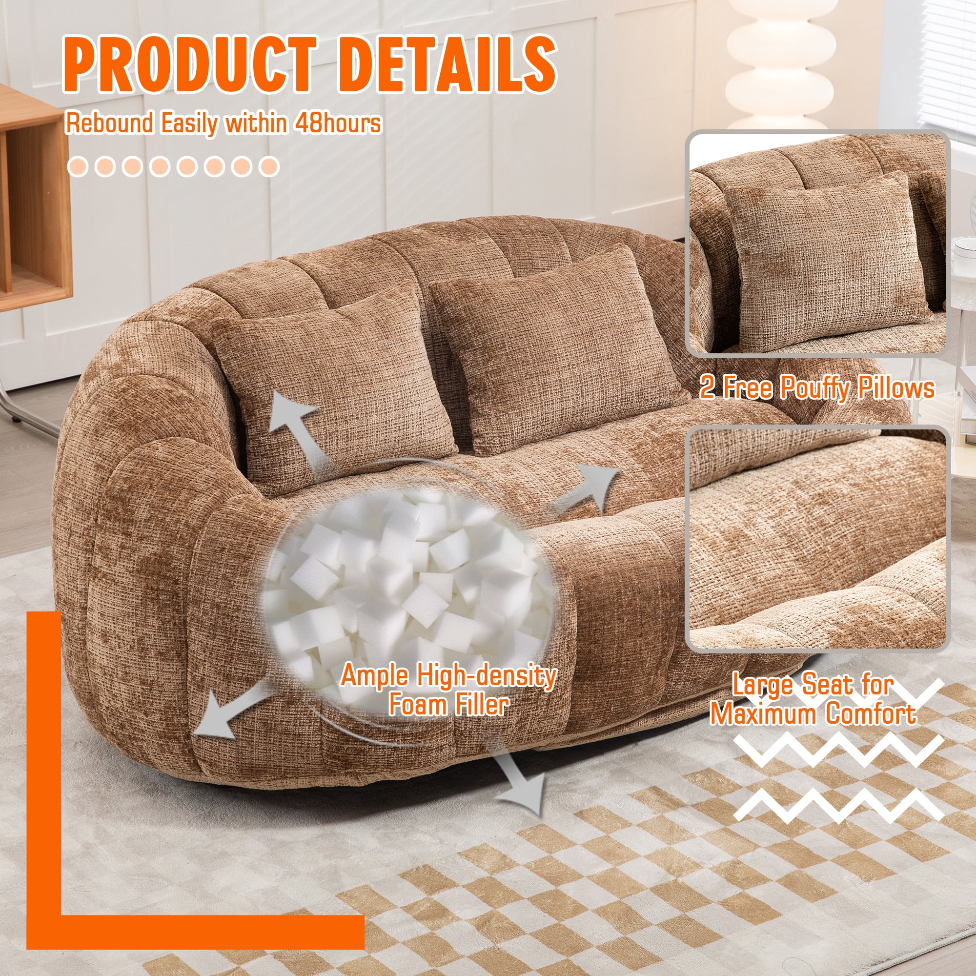 59''W Chenille Loveseat Sofa Small Couch Oversized Bean Bag Chair, Modern Lounge Loveseat Sofa with 2 Pillows,Bean Bag Couch Floor Lazy Sofa for Living Room Bedroom Apartment (Brown)