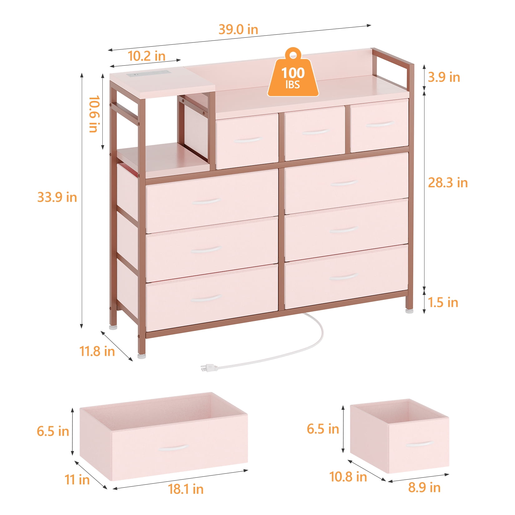 9-Drawer Storage Bedroom Dresser TV Stand with Built-in Charging Station, Multi-Functional for Kids Room & Apartments, Tall Organizer, Pink