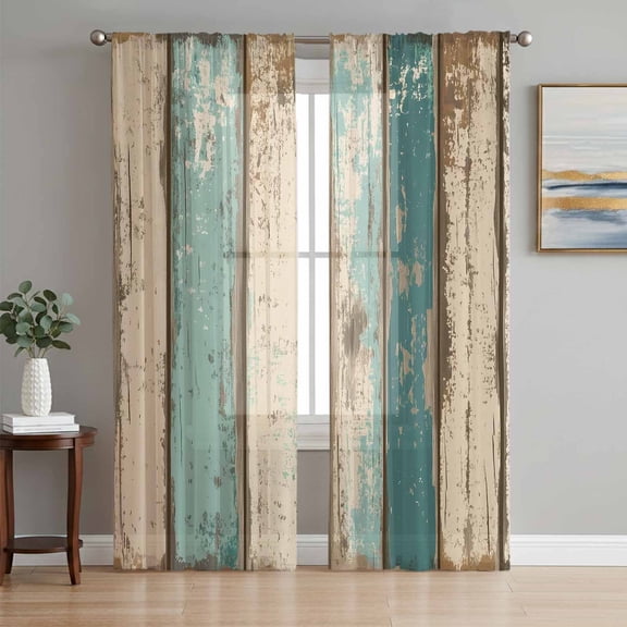 Farmhouse Teal Brown Sheer Curtains 72 Inch Length 2 Panels Set, Vintage Retro Ombre Wooden Voile Window Treatment Rod Pocket Curtains Sheers Drapes for Bedroom/Living Room/Kitchen 52"x72"x2
