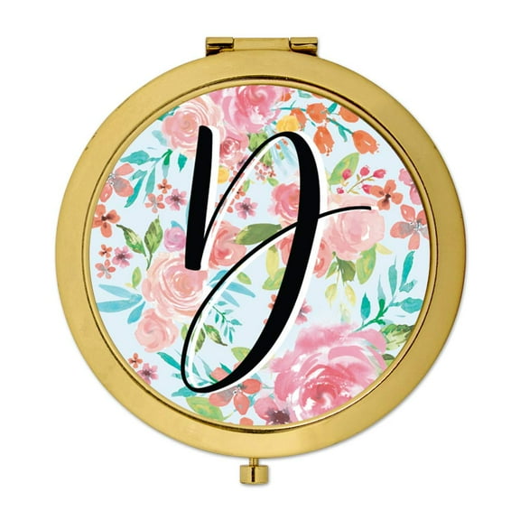 Koyal Wholesale Compact Mirror Bridesmaid's Wedding Gift, Gold, Monogram Letter D, Tea Party Pink Floral Flowers, 1-Pack