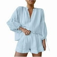 thumbnail image 4 of Sakmal Shorts and Top Women's Pajama Sets Leisure Long Sleeve Blue Cotton Pjs Solid V Neck Pajamas for Women, 4 of 5