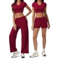thumbnail image 2 of PISONIC Women's V-Neck Crop Top & Shorts Set - Active Fitness Apparel with 4 Color Options, 2 of 9