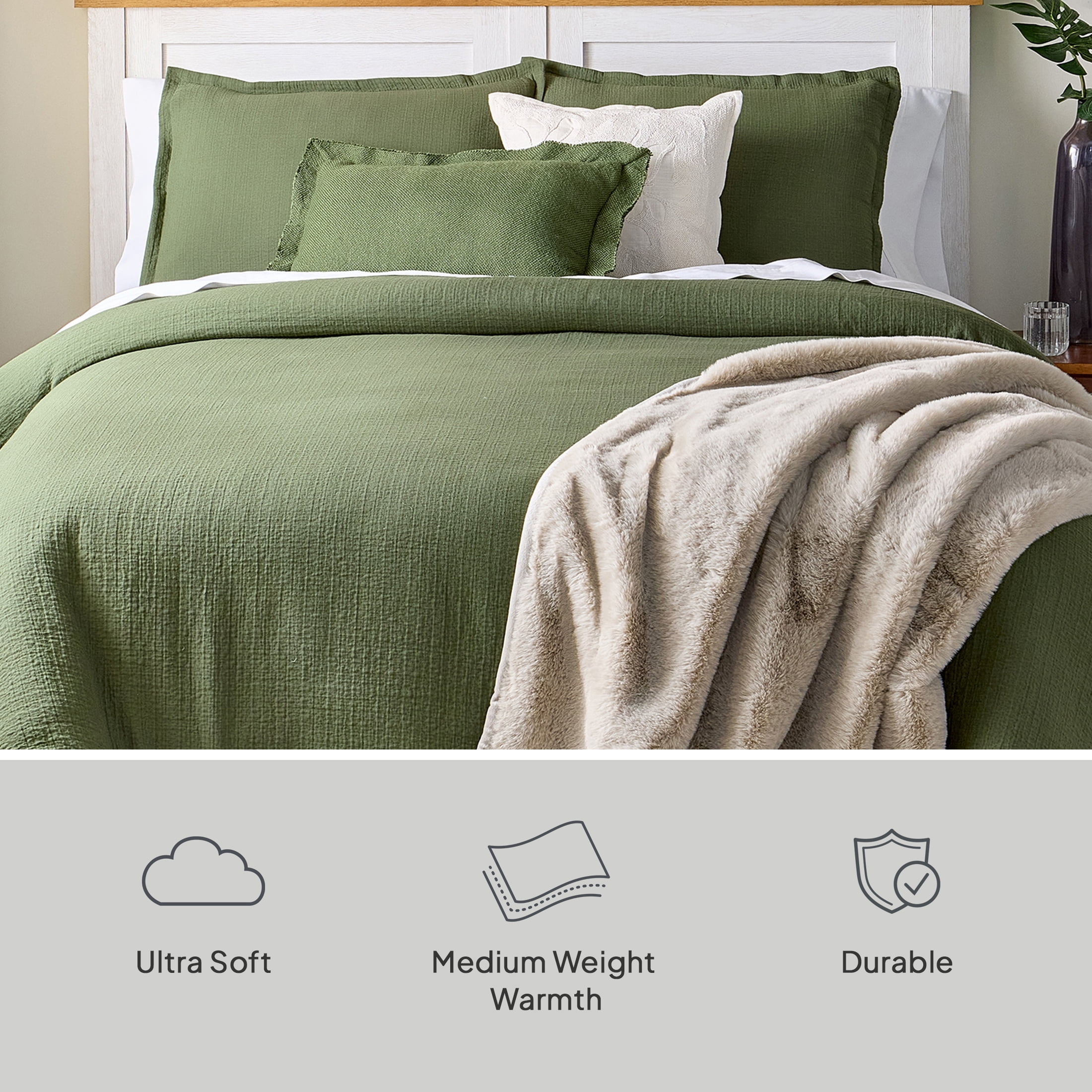 Better Homes & Gardens All-Season Full/Queen Comforter Set, 3-Piece, Green Gauze