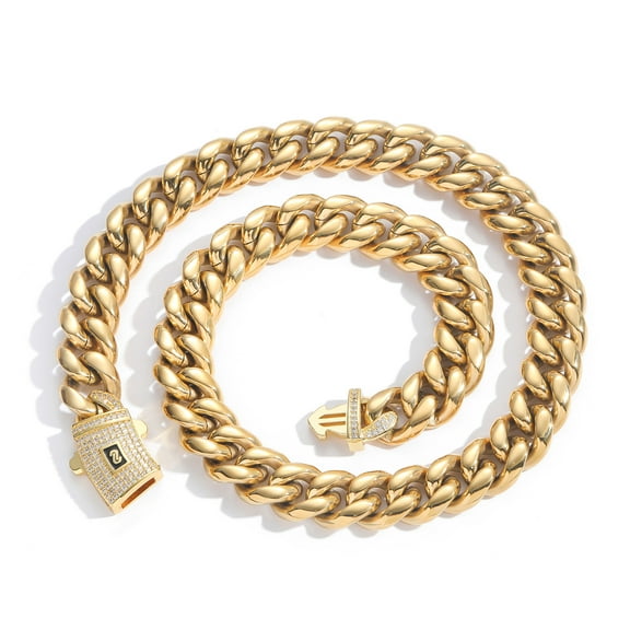 PULABO Mens/Women Light Golden(14) Cuban Link Bracelet Stainless Steel Miami Thick Necklace Hip Hop Jewelry 6/8/10/12/14MM