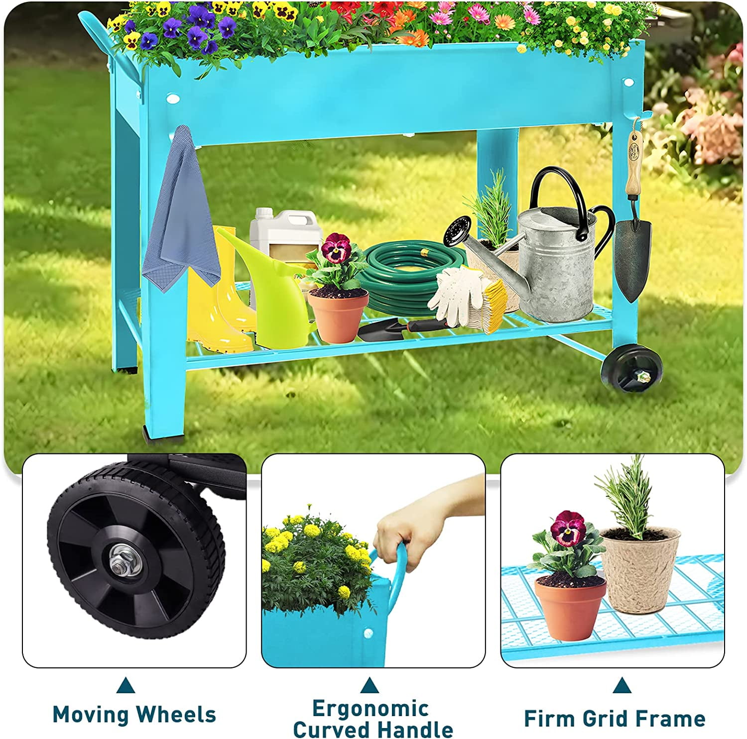 Aboxoo 40" x 11" x 31.5" Blue Steel Planter Box with Wheels