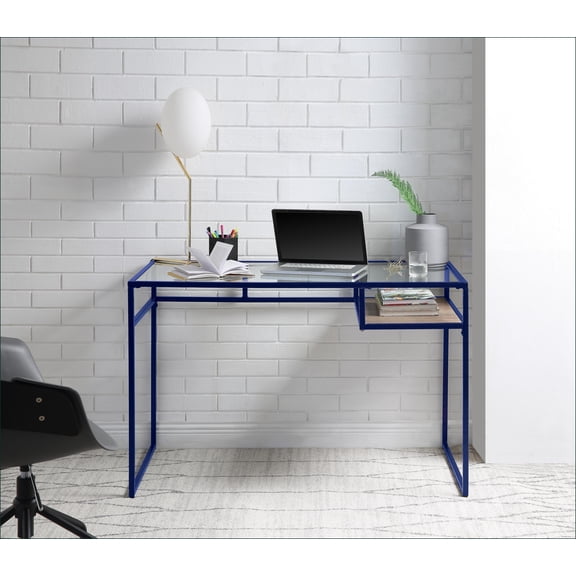 Desks, Modern Glass Top Writing Desk with Storage | Blue Finish | Metal Frame
