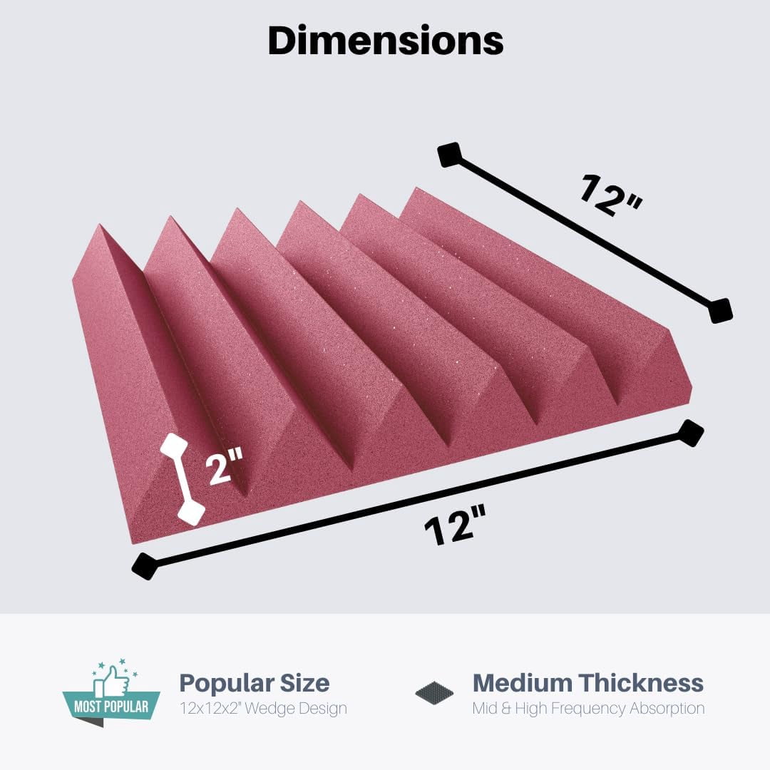 Soundproofing Acoustic Studio Foam - Burgundy Color - Wedge Style Panels 12”x12”x2” Tiles - 4 Pack