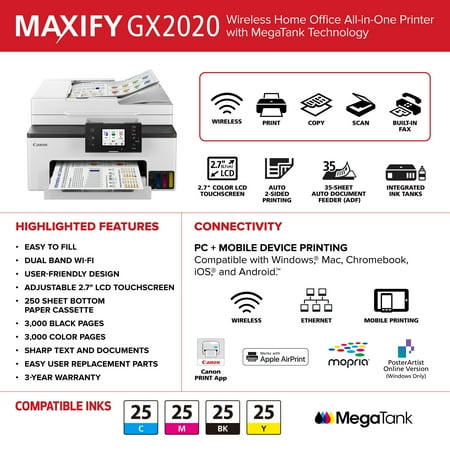 Canon - MAXIFY GX2020 MegaTank Wireless All-In-One SuperTank Inkjet Printer - White