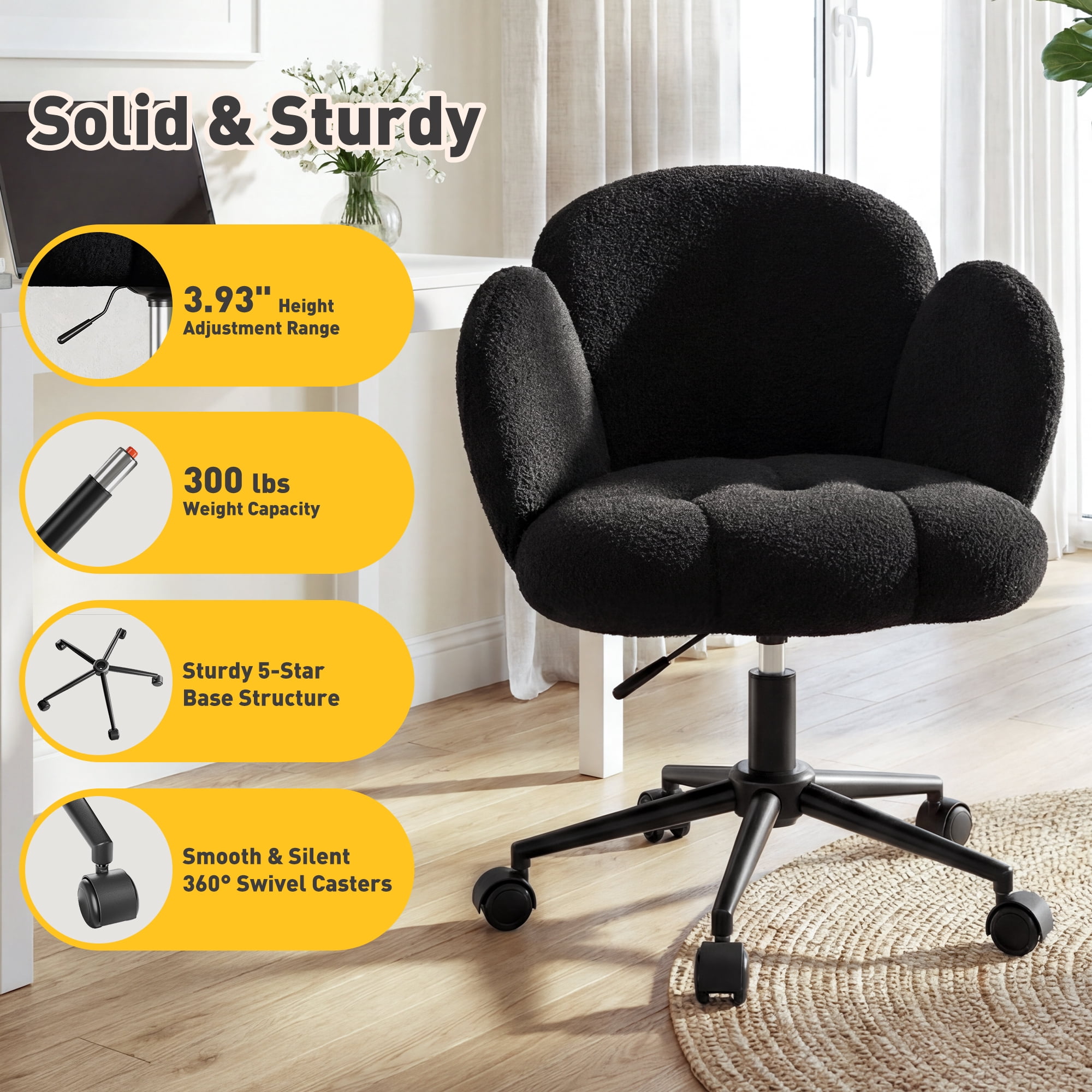 Romorgniz Vanity Chair with Back & Wheels Upholstered Desk Chair Height Adjustable Teddy Velvet Computer Task Chairs for Home Office, Black