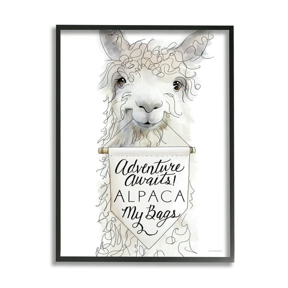 Stupell Industries Adventure Awaits Alpaca Phrase Sign Motivational Animal Framed Wall Art, 11 x 14, Design by Kamdon Kreations