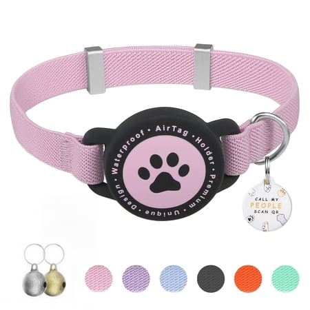 Lightweight Elastic Pet Collar with AirTag Holder & QR ID Tag Built-in Bell Scratch Resistant Adjustable 7.5-12.5 Inches for Cats & Small Dogs Multi Colors Available AirTag Not Included