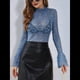thumbnail image 5 of Blusa Elegante de Encaje Calado con Mangas Acampanadas para Mujer, para Fiesta, Moda 2025 Azul XL, 5 of 7