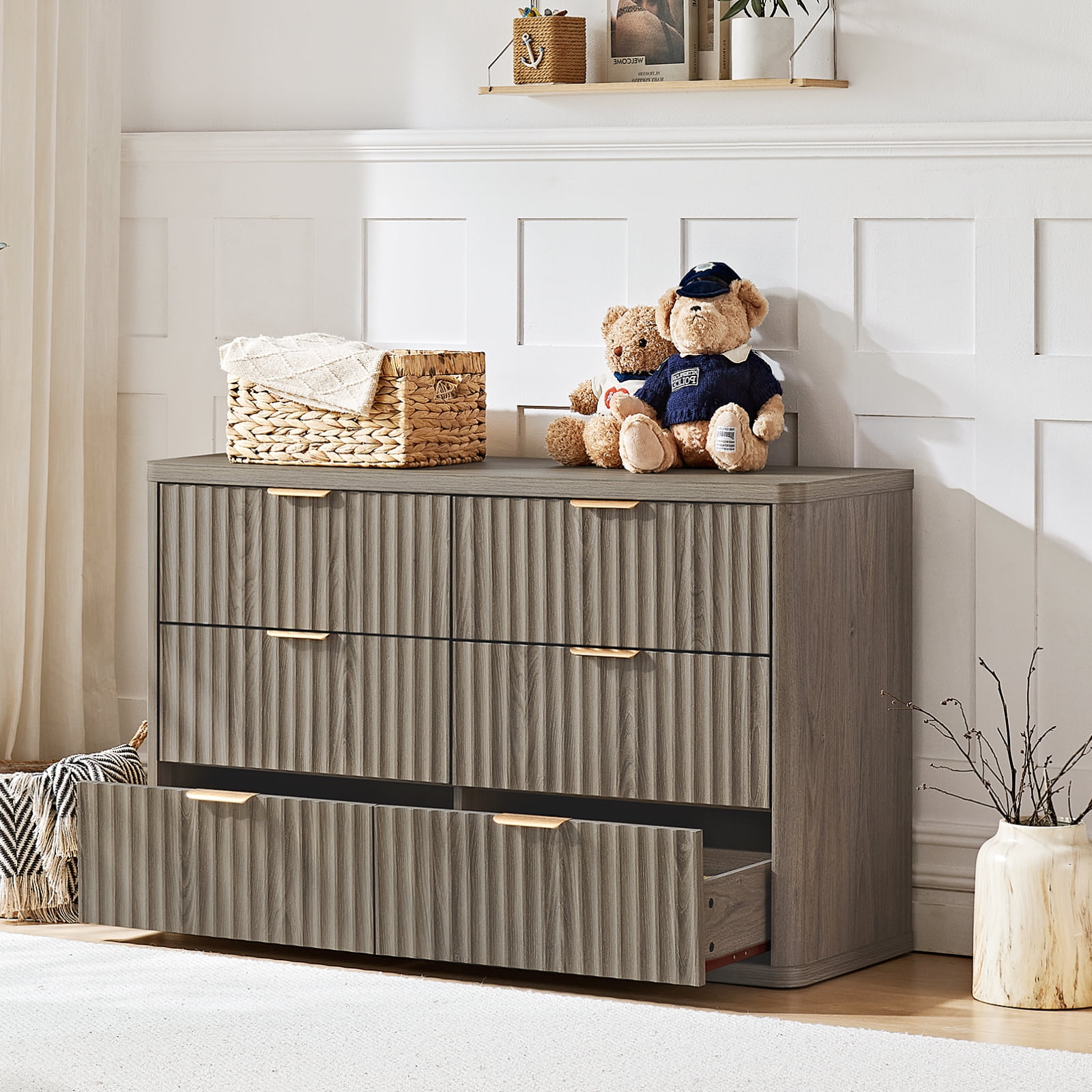 48" Wide 6 Drawer Dresser for Bedroom, Farmhouse Chest of Drawers with Metal Handles, Fluted Wood Storage Cabinet for Living Room, Grey
