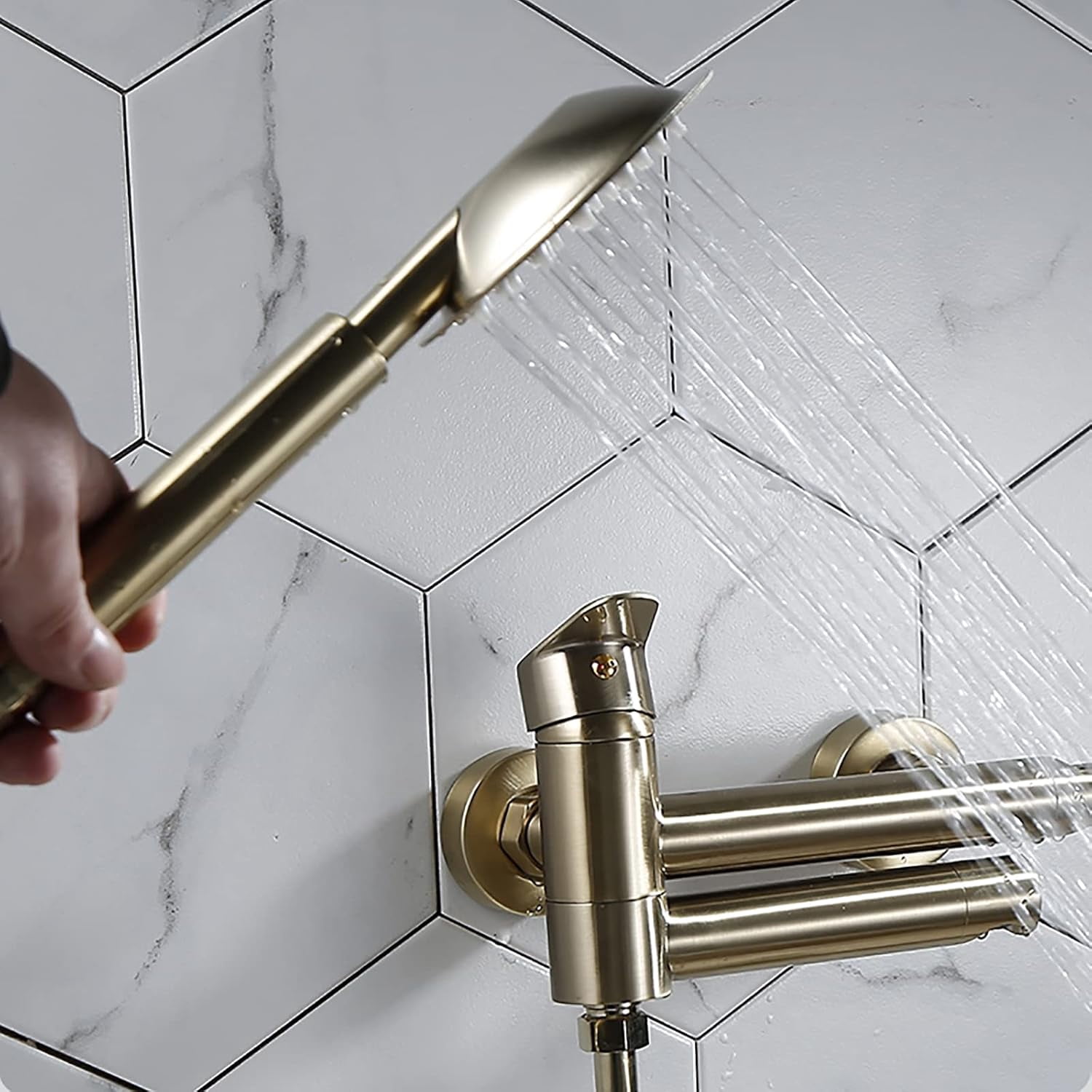 Swivel Bathtub Faucet Wall Mount Tub Filler Faucet Brass Bath Mixer Tap Single Handle 2 Holes Bathtub Tap with Handheld Shower Tub Shower Faucet, Brushed Gold