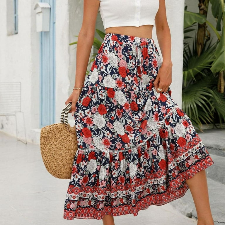 JNGSA Women s Summer Maxi Skirt Floral High Waist Long Loose Dress Bohemian Flowy A Line Skirts Vacation Skirts for Women Red