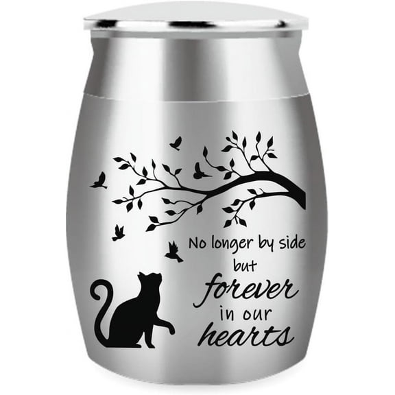 1 pc 1.57 Inch Small Keepsake Urns for Cat Ashes Mini Cremation Urns for Ashes Stainless Steel Memorial Ashes with Cat and Bird No Longer by Dide but Forever in Our Hearts