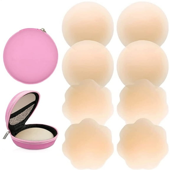 FGLHS Silicone Nipple Covers Reusable, 4 Pairs Pasties Women Nipple Covers Reusable Adhesive Silicone Nippleless Covers with Case (2 Round 2 Flower)