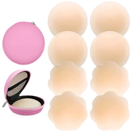 FGLHS Silicone Nipple Covers Reusable, 4 Pairs Pasties Women Nipple Covers Reusable Adhesive Silicone Nippleless Covers with Case (2 Round+2 Flower)