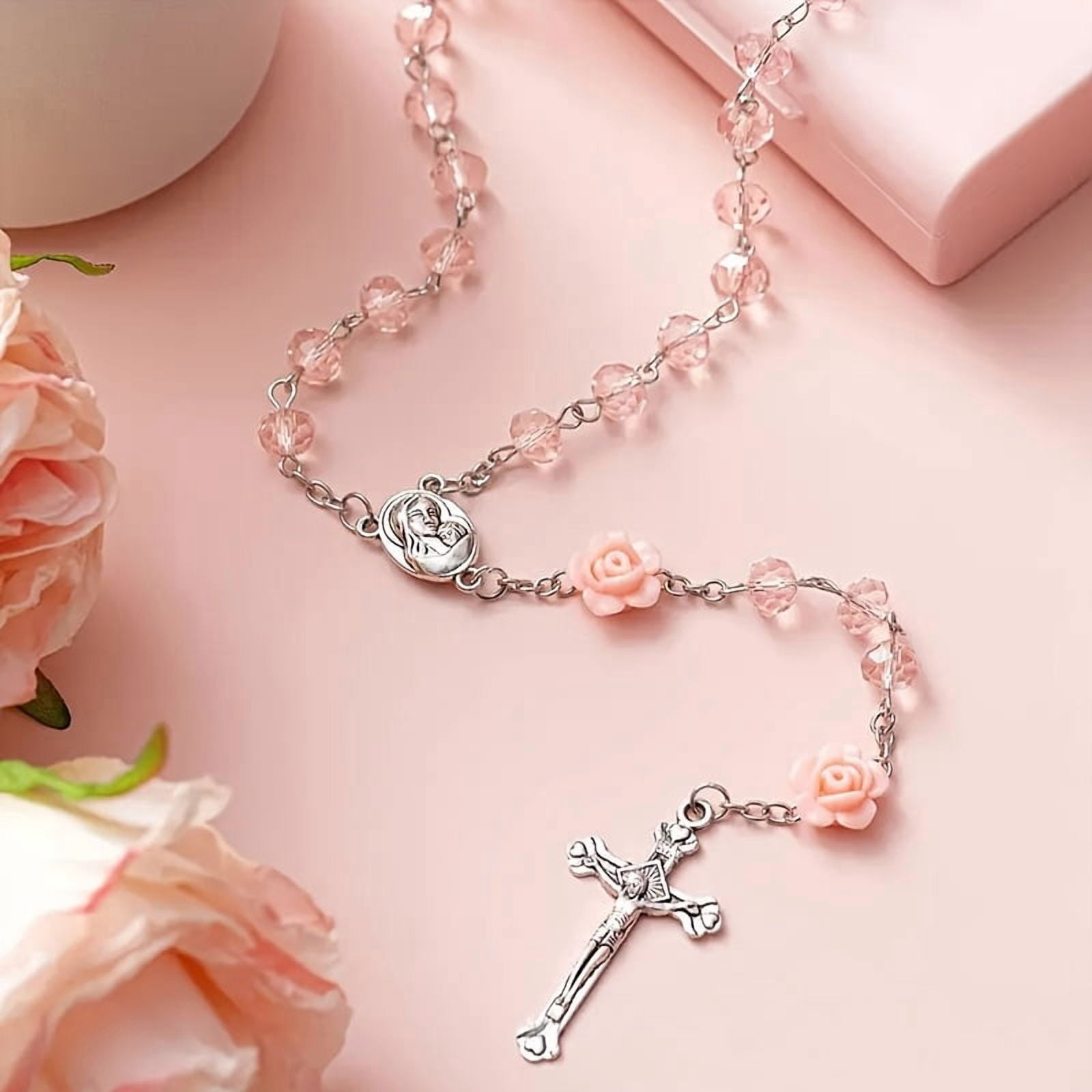 Catholic Rosary Beads Necklace for Women Crystal Beads Flowers Necklace Rosaries Prayer Gifts with Organza Bags for First Communion Confirmation Christmas Baptism Favors