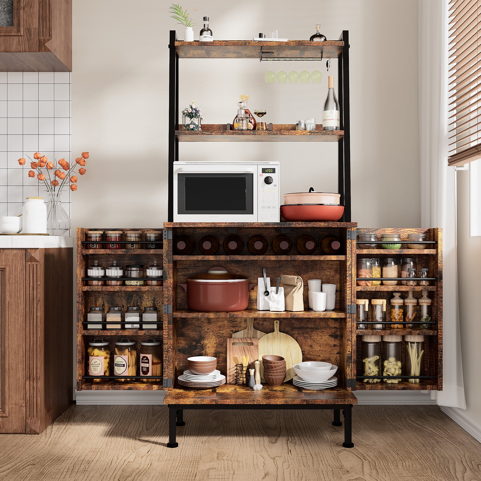 Casendy Kitchen Pantry with Microwave Stand and Storage Shelves, Farmhouse Kitchen Cupboard with Adjustable Shelves, Kitchen Buffet Cabinet with Door for Dining Room, Brown
