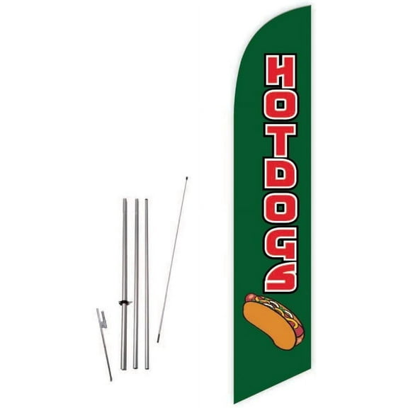 Cobb Promo Hotdogs Green Feather Flag with Complete 15ft Pole kit and Ground Spike