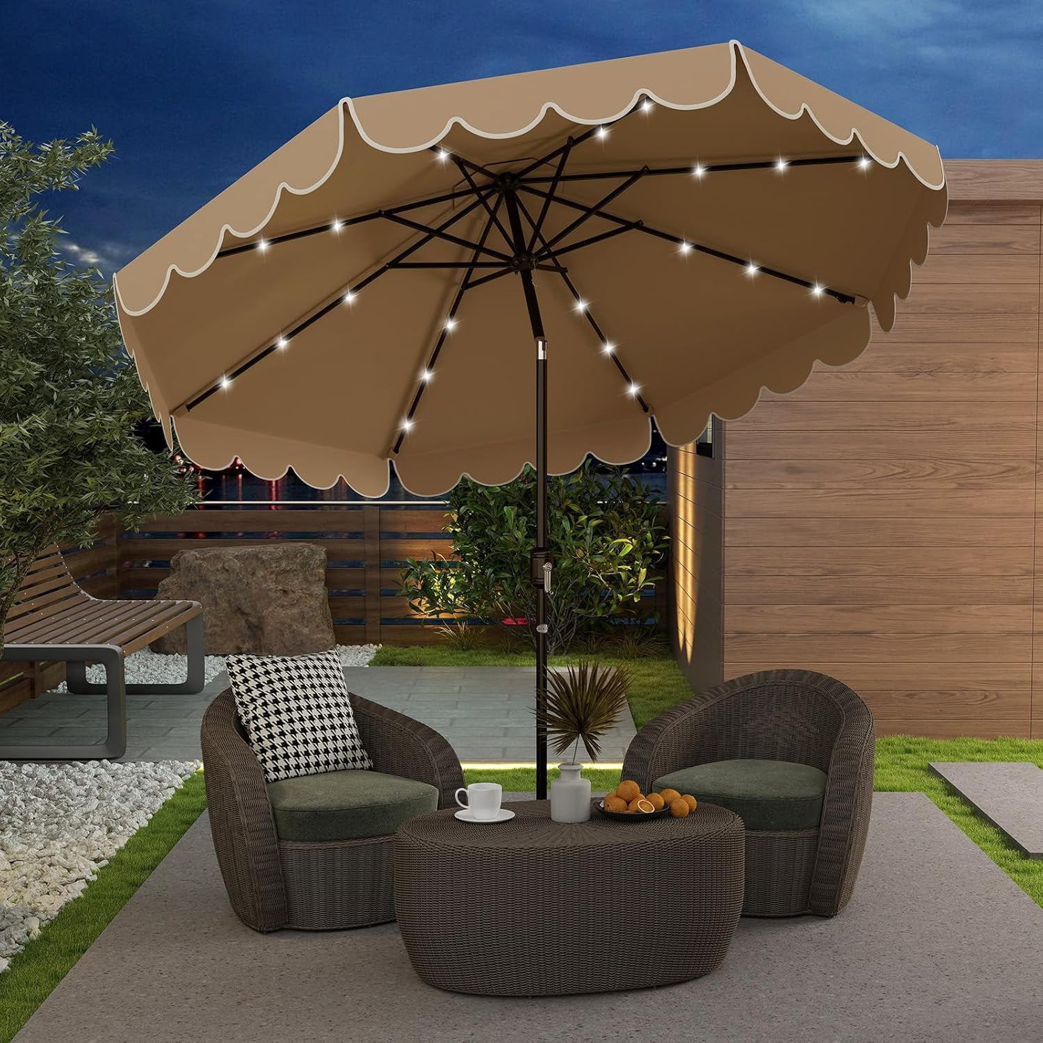ZYPPP  9 FT Solar Patio Umbrella, 2-Tiers Scalloped Outdoor Table Market Umbrella with 32 LED Lights, Vented Top, Tilt Adjustment, Crank, 8 Ribs for Backyard Poolside Deck Beach Lawn (Coffee)