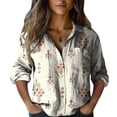 thumbnail image 4 of Shirts For Women Cotton Shirt Printed Fashionable Button Up Shirt Casual Top With Seven Quarter Sleeves Shirt Long Sleeve Shirts For Women, 4 of 4
