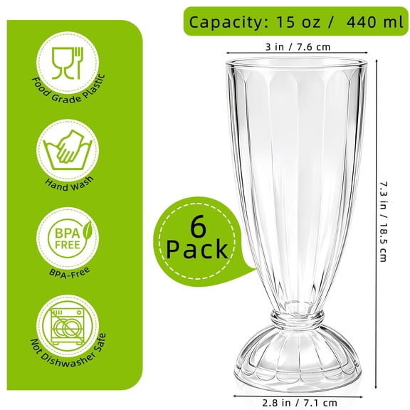 6 Pack Plastic Milkshake Glasses Classic Diner Style 15 Oz Cups